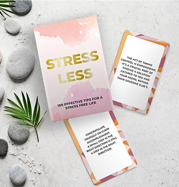Box and samples from the Stress Less: 100 Effective Tips for a Stress Free Life card deck