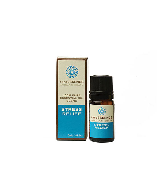 5 milliliter bottle of Stress Relief 100% Pure Essential Oil Blend by Rare Essence Aromatherapy with box