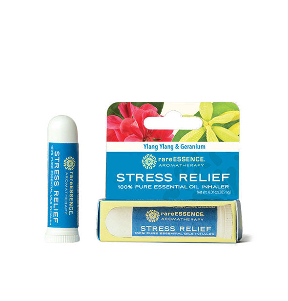 Tube of Ylang Ylang & Geranium Stress Relief 100% Pure Essential Oil Inhaler by Rare Essence Aromatherapy with box packaging
