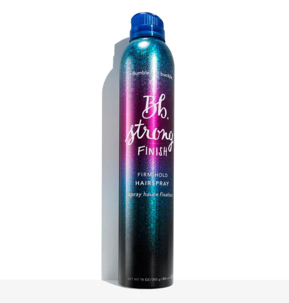 Blue and purple 10 ounce can of Bumble and bumble Strong Finish Firm Hold Hairspray