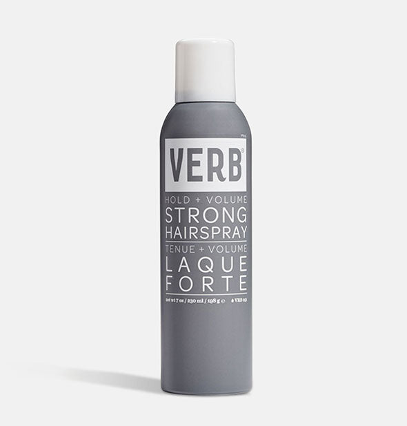 Gray can of Verb Strong Hairspray with white cap and lettering