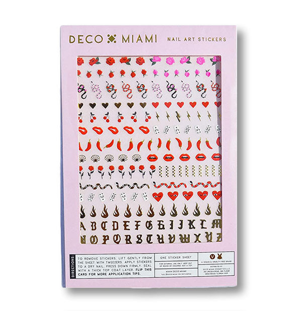 Pack of Deco Miami Nail Art Stickers with snakes, chili peppers, roses, flames, and other spicy designs