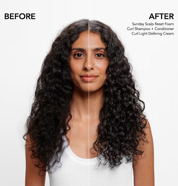 Side-by-side comparison of model's hair before and after using Bumble and bumble's Sunday Scalp Reset Foam, Curl Shampoo, Curl Conditioner, and Curl Light Defining Cream