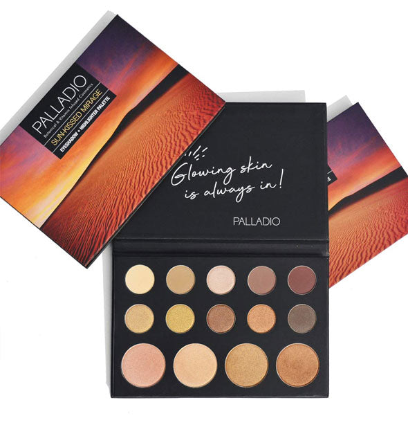 Palladio Sun-Kissed Mirage Eyeshadow + Highlighter Palette open to reveal 14 shades inside