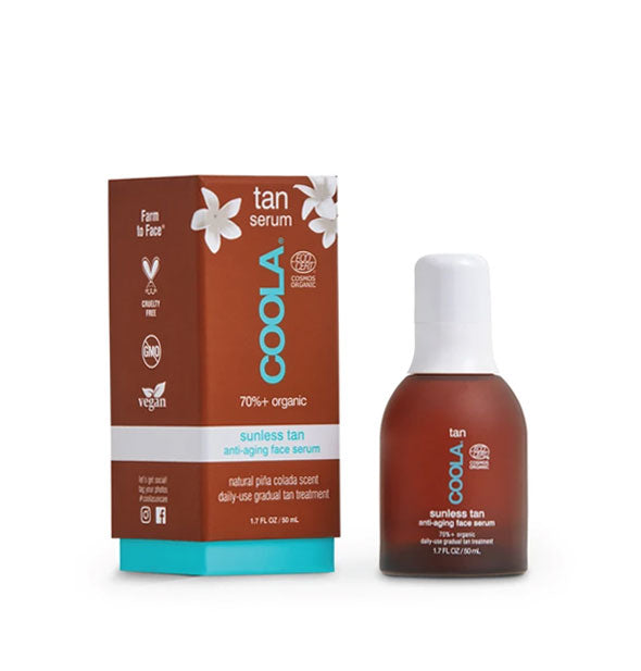 Bottle and box of COOLA Sunless Tan Anti-Aging Face Serum