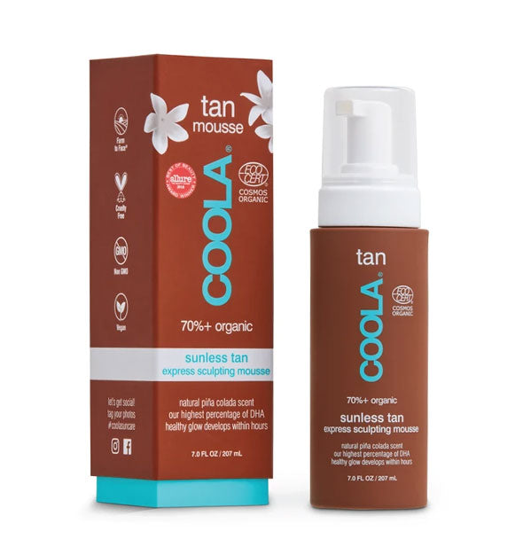 Bottle and box of COOLA Sunless Tan Express Sculpting Mousse