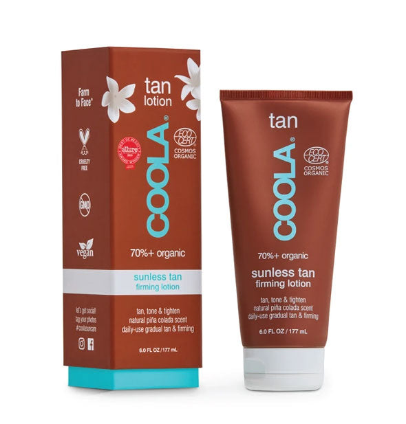Bottle and box of COOLA Sunless Tan Firming Lotion