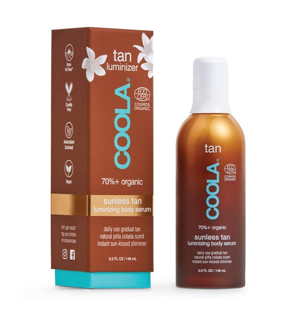 Bottle and box of COOLA Sunless Tan Luminizing Body Serum