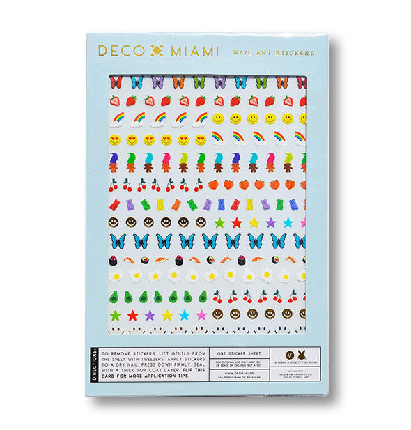 Pack of Deco Miami Nail Art Stickers with butterflies, gummy bears, peaches, cherries, smilies, rainbows, and other happy designs