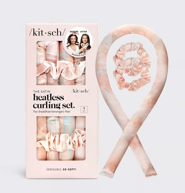 The Satin Heatless Curling Set by Kitsch with contents shown: soft curling rod and two scrunchies in pastel tie-dye