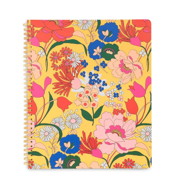 Rectangular yellow notebook cover with yellow spiral binding and all-over colorful floral design