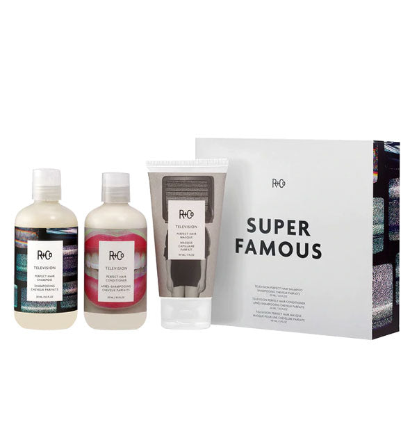 Box and contents of R+Co's Super Famous Kit: Television Perfect Hair Shampoo, Conditioner, and Masque