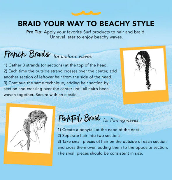 Instructions for braiding your way to beachy style with 5.1 ounce can of Bumble and bumble Surf Wave Foam mousse