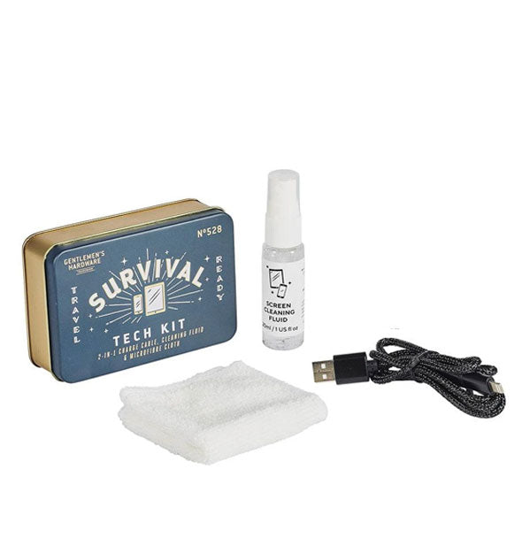 Components of the Survival Tech Kit: tin, microfiber cloth, cleaning solution, and charging cable