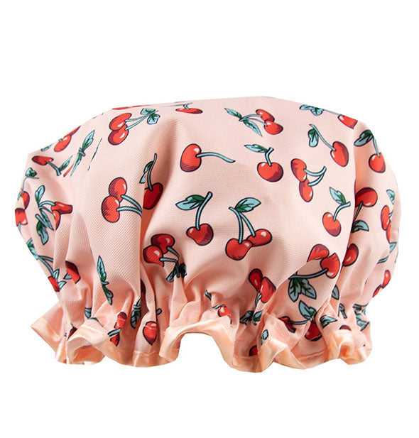 Cherry print pink shower cap with satin trim