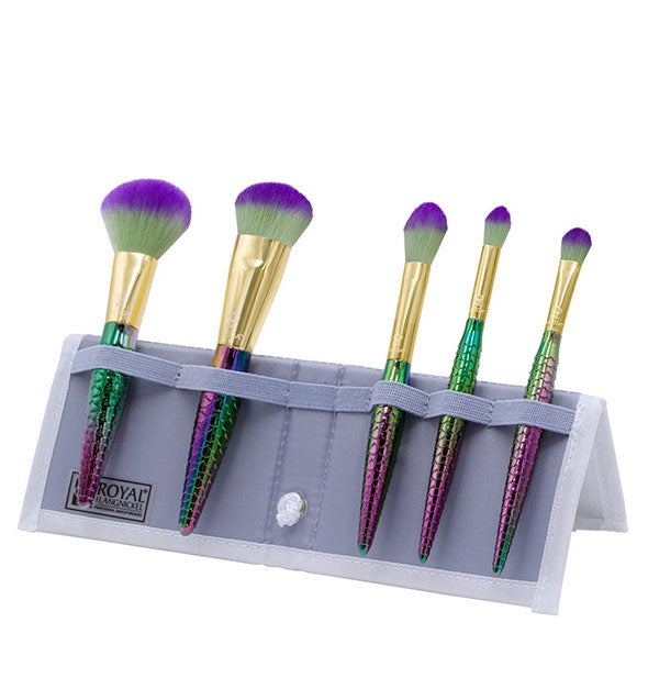 Set of five makeup brushes with green-to-purple ombré coloration on a triangular storage case