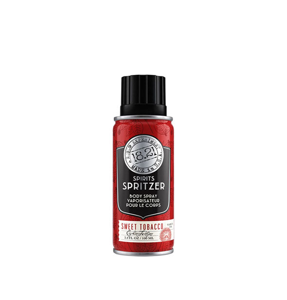 3.4 ounce red, black, and white can of 18.21 Man Made Spirits Spritzer Body Spray in Sweet Tobacco fragrance