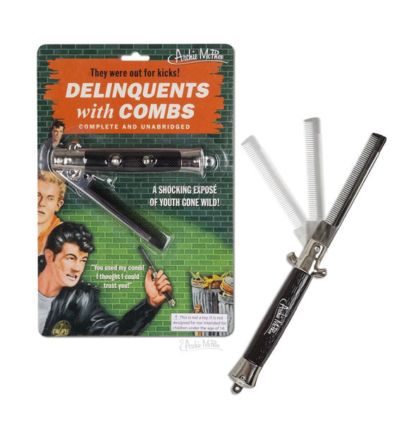 Archie McPhee "Delinquents With Combs" packaging with comb removed to show folding action