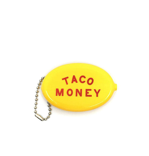 Yellow oval-shaped coin pouch with attached bead chain says, "Taco Money" in red lettering