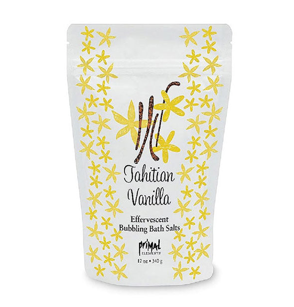 12 ounce bag of Tahitian Vanilla Effervescent Bubbling Bath Salts by Primal Elements with all-over yellow vanilla star designs