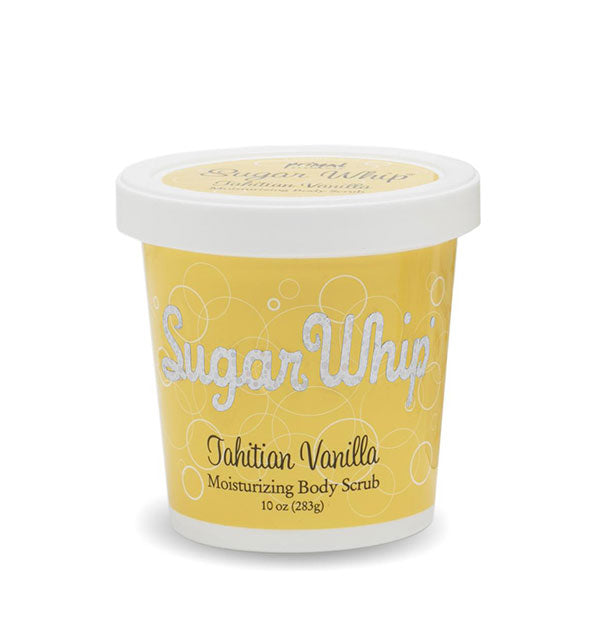 Yellow and white 10 ounce tub of Sugar Whip Tahitian Vanilla Moisturizing Body Scrub