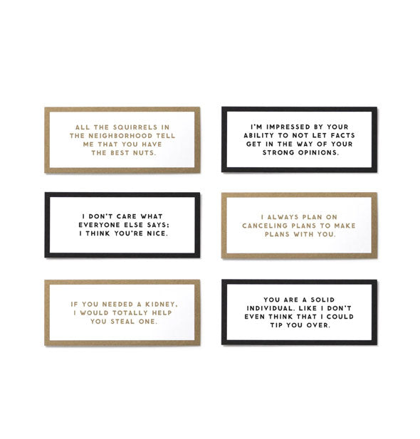 Six examples of Take a Compliment cards with alternating gold and black lettering and borders