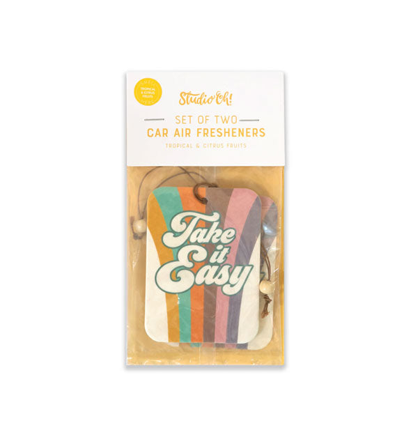 Pack of two Car Air Fresheners with colorful striped design say, "Take it easy" in retro-style white script