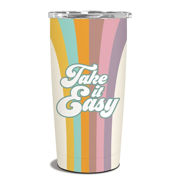 Rainbow stripe drink tumbler says "Take It Easy" in retro-style lettering