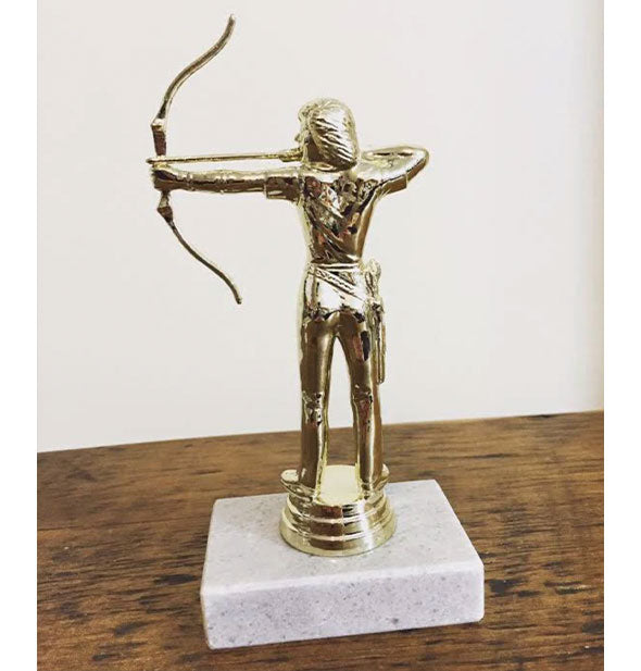 Marble and gold archer trophy shown from behind