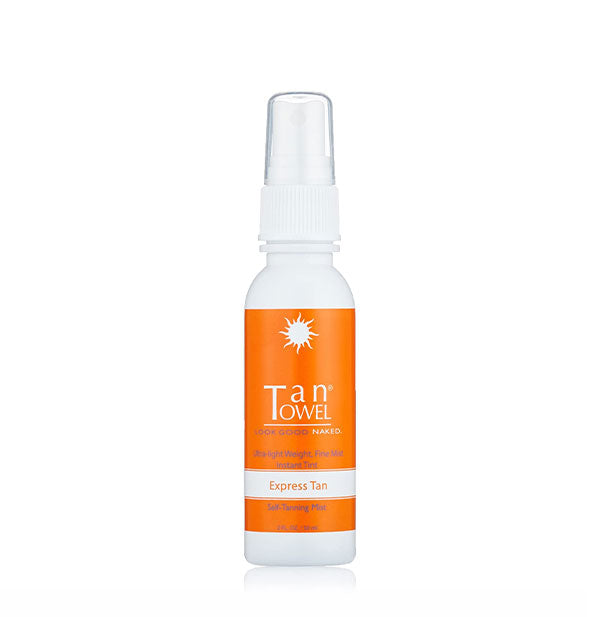 White and orange spray bottle of TanTowel Express Tan