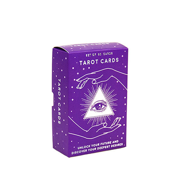 Purple box of Tarot Cards with white design theme