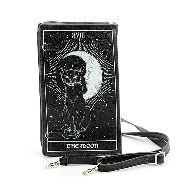 Black vinyl rectangular tarot card-themed "The Moon" bag with cat and crescent moon design