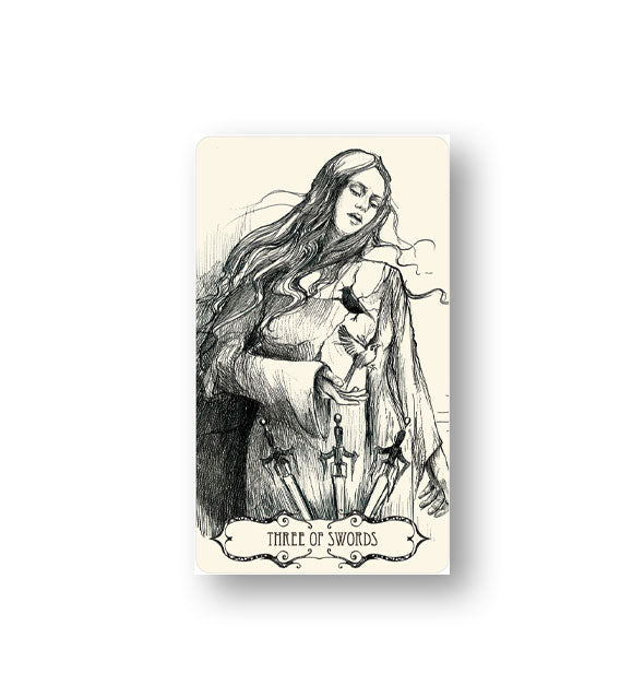 Black and white Three of Swords card from the Tarot of the Abyss deck