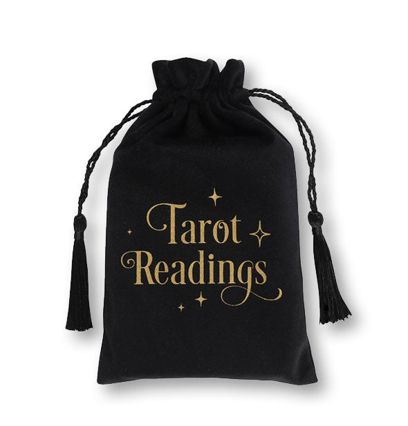 Black drawstring bag says, "Tarot Readings" in gold lettering with star accents