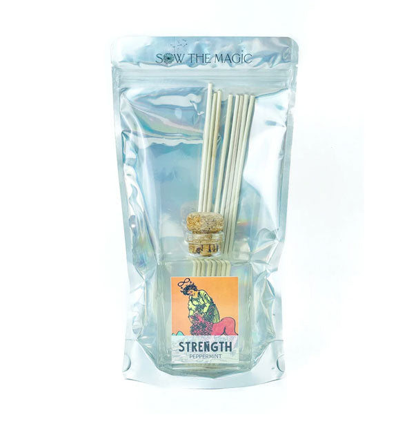 Strength tarot card reed diffuser pack by Sow the Magic contains bottle and 8 reeds