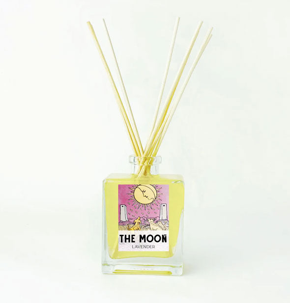 The Moon tarot card reed diffuser bottle with reeds emerging from it