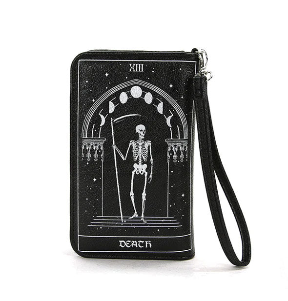 Black rectangular wallet with wrist strap features tarot card-themed "Death" design with skeleton and moon phases