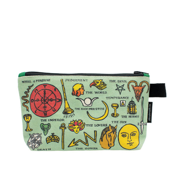 Mint green pouch with black tab and black zipper features all-over classic tarot card illustrations