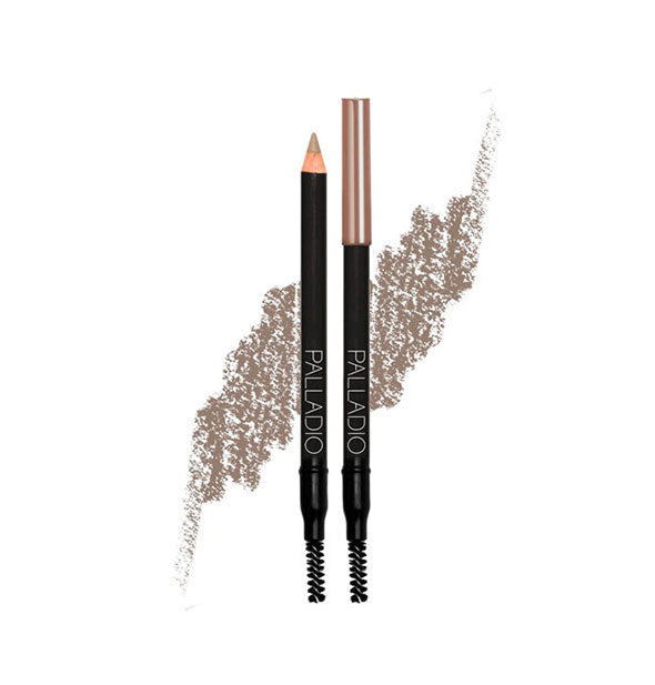 Two double-ended Palladio spoolie pencils, one with cap on and one with cap off, flanked by drawn color sample in a light brown shade