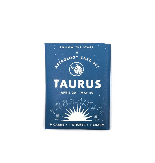 Blue and white pack of Follow the Stars Astrology Cards representing the zodiac sign Taurus