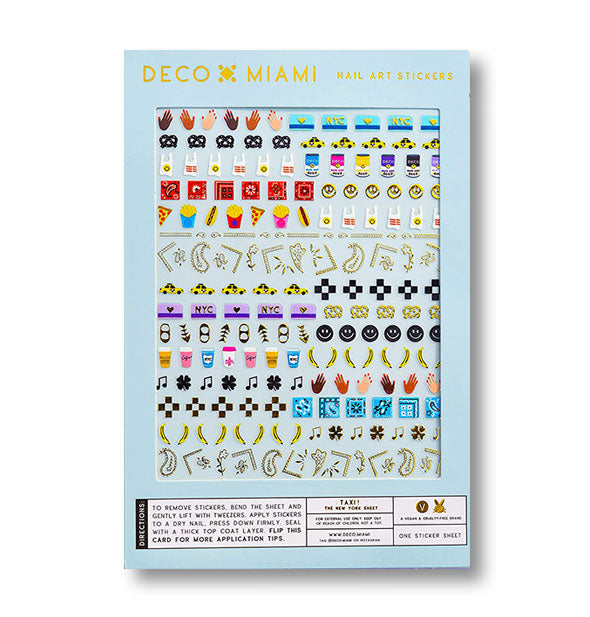 Pack of Deco Miami Nail Art Stickers with coffee cups, waving hands, pretzels, taxis, and other New York City-inspired designs