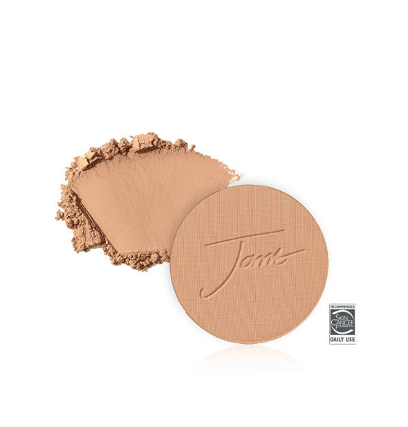 Jane Iredale PurePressed Base Mineral Foundation Refill with sample product swatch behind in the shade Teakwood