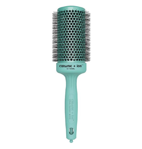 Teal blue Ceramic + Ion round barrel brush with large round vents, black bristles, and a build-in sectioning pick in the bottom of handle