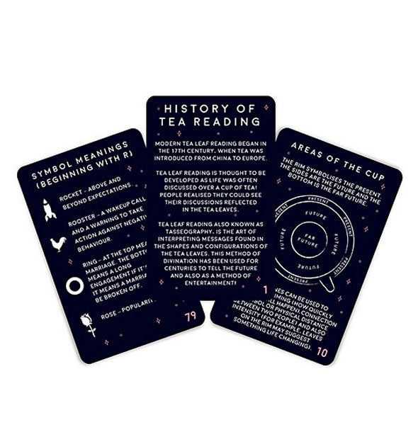 Samples from the Tea Leaf Reading Card Deck, with "History of Tea Reading" on top
