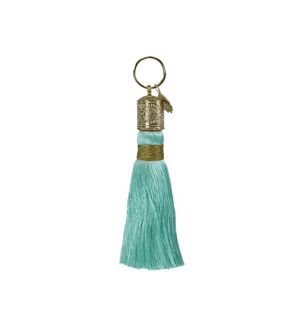 Teal tassel keychain with decorative gold hardware