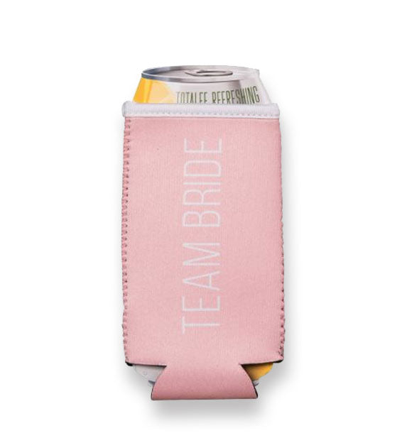 Pink Team Bride can koozie shown on can