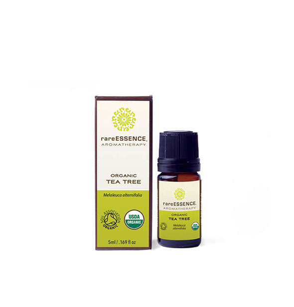 5 milliliter bottle of organic Tea Tree essential oil by Rare Essence Aromatherapy with box