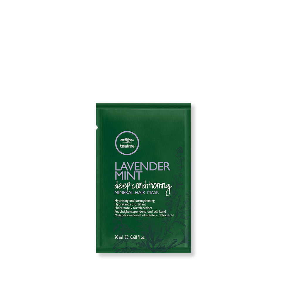 Green 20 milliliter packet of Tea Tree Lavender Mint Deep Conditioning Mineral Hair Mask