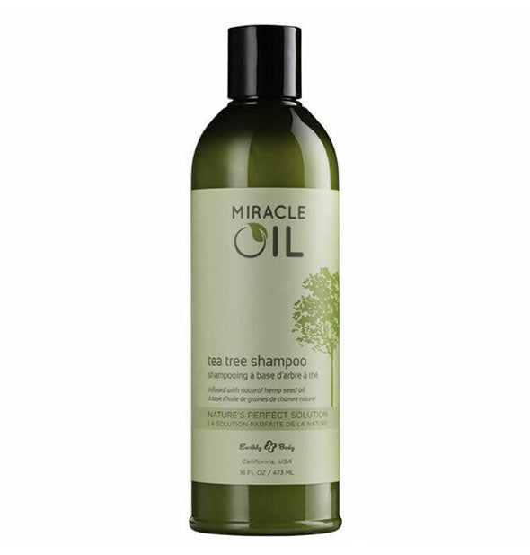 Green 16 ounce bottle of Miracle Oil Tea Tree Shampoo