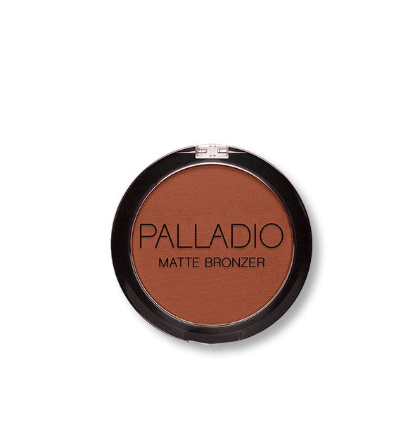 Round compact of pressed Palladio powder bronzer in a rich, dark, warm brown shade